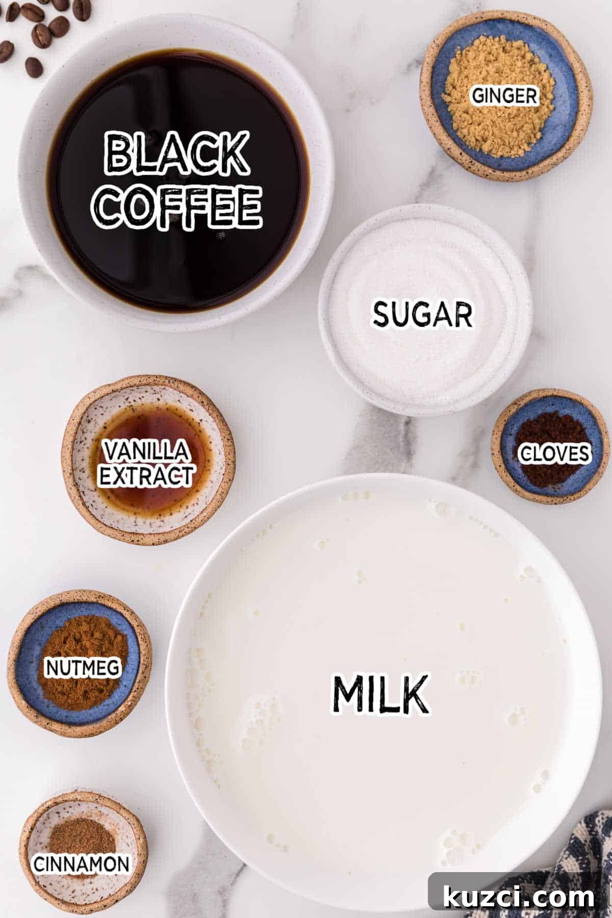 Gingerbread Latte Recipe for a Cozy Holiday Drink 3 Ingredients on a marble counter.