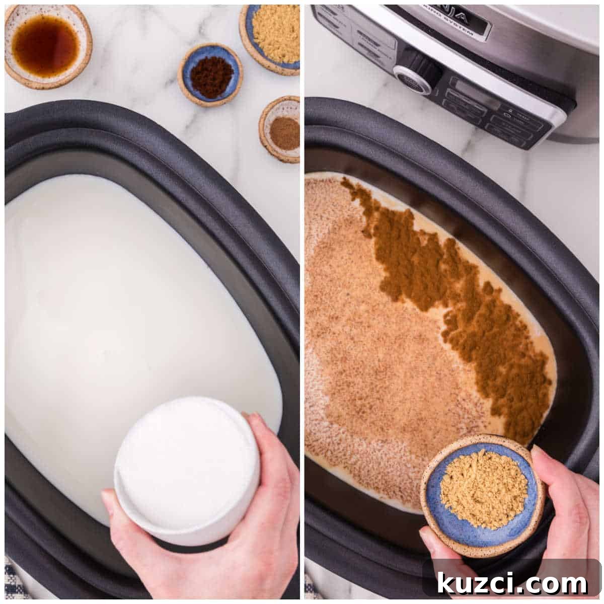 Gingerbread Latte Recipe for a Cozy Holiday Drink 4 Collage of mixing ingredients in a slow cooker.