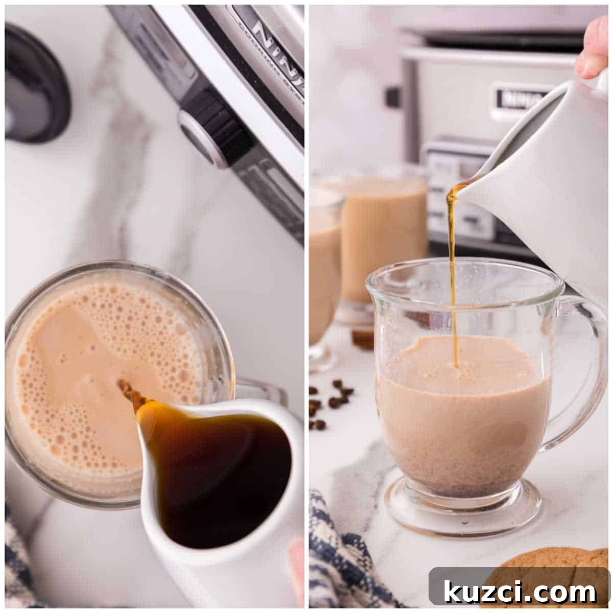 Gingerbread Latte Recipe for a Cozy Holiday Drink 6 Collage of adding the recipe to mugs.