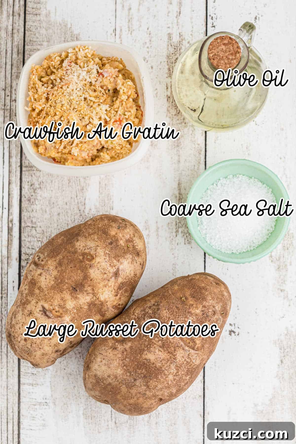 Crawfish-Stuffed Baked Potatoes Recipe 3 Ingredients laid out with text overlay showing what is needed for a crawfish baked potato.
