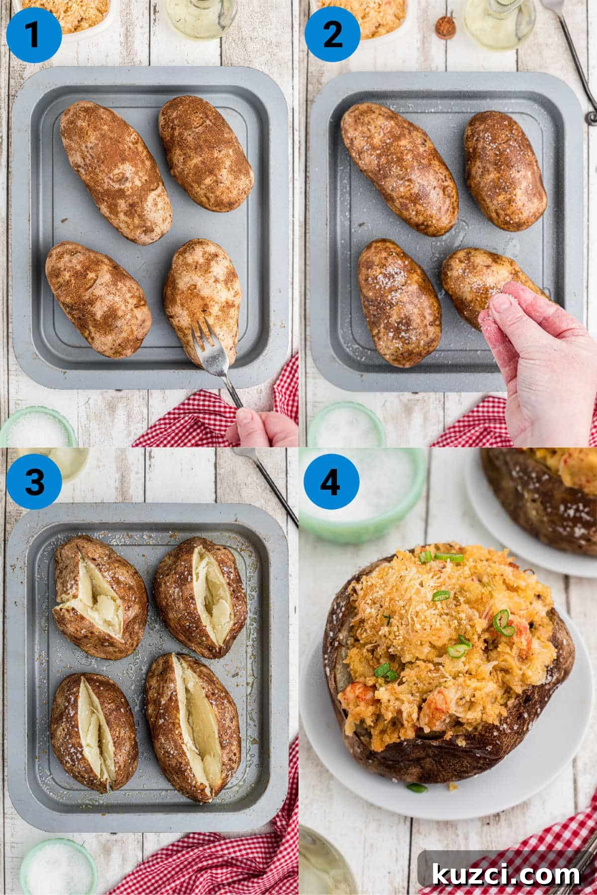 Crawfish-Stuffed Baked Potatoes Recipe 4 Collage of four images showing recipes steps for how to make a crawfish baked potato.